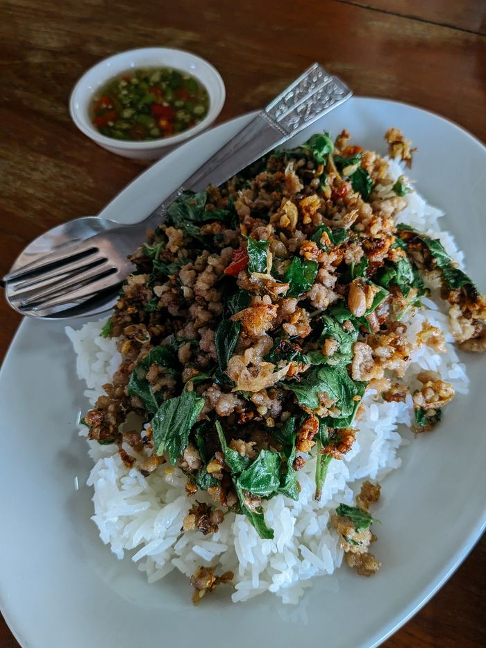 Flavorful Thai basil minced pork served on steamed rice with spicy sauce.